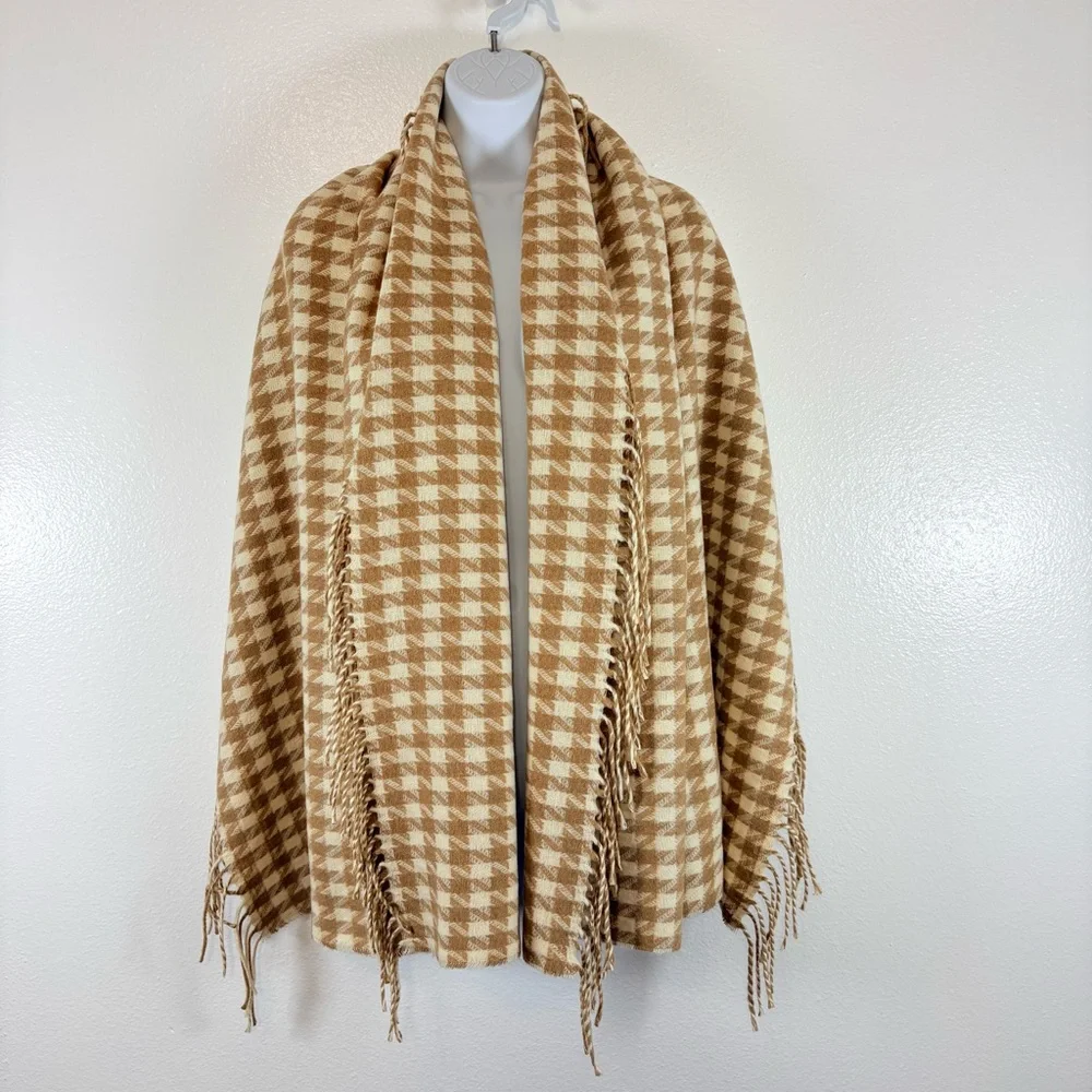 Talbots Made in Italy Houndstooth Wool Blend Fringe Scarf Wrap Preppy Timeless